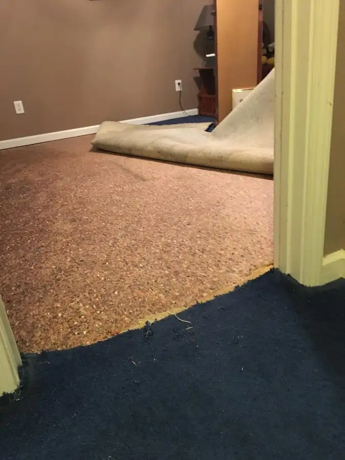 Carpet pad removal revealing water damage during Drying & Dehumidification in James Island